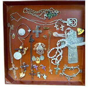Vntg Religious Jewelry Lot Crosses Bracelets Necklaces Charms Angel READ/SEE